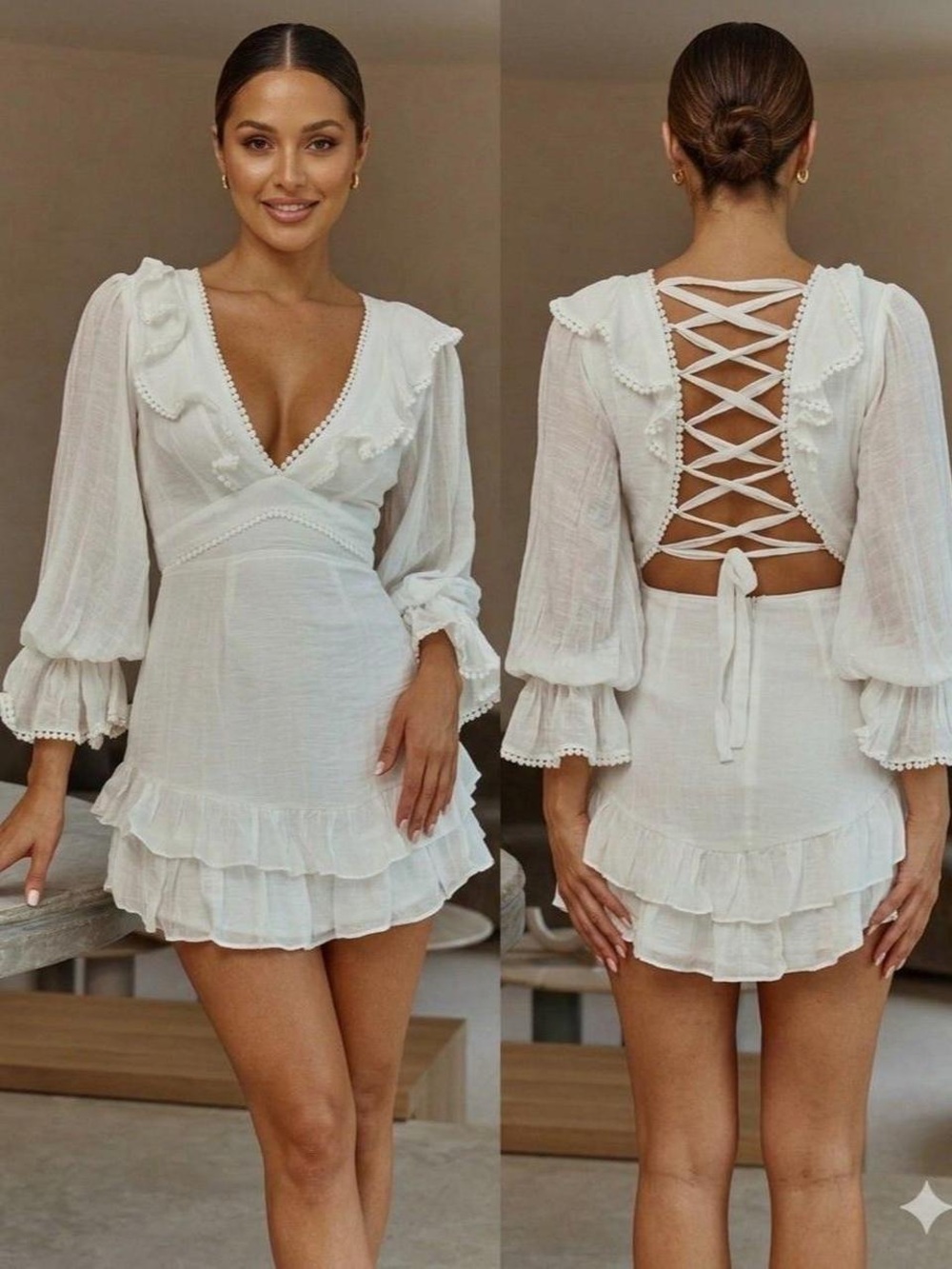 Elegant White Lace-Up Back Ruffle Mini Dress